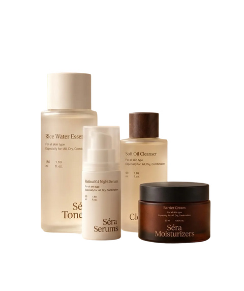 Evening Ritual Set: Soft Oil Cleanser, Rice Water Essence, Retinal 0.1 Night Serum and Barrier Cream